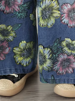 Floral Wide-Leg Denim Cotton Palazzo Pants with Pockets, Effortless Chic