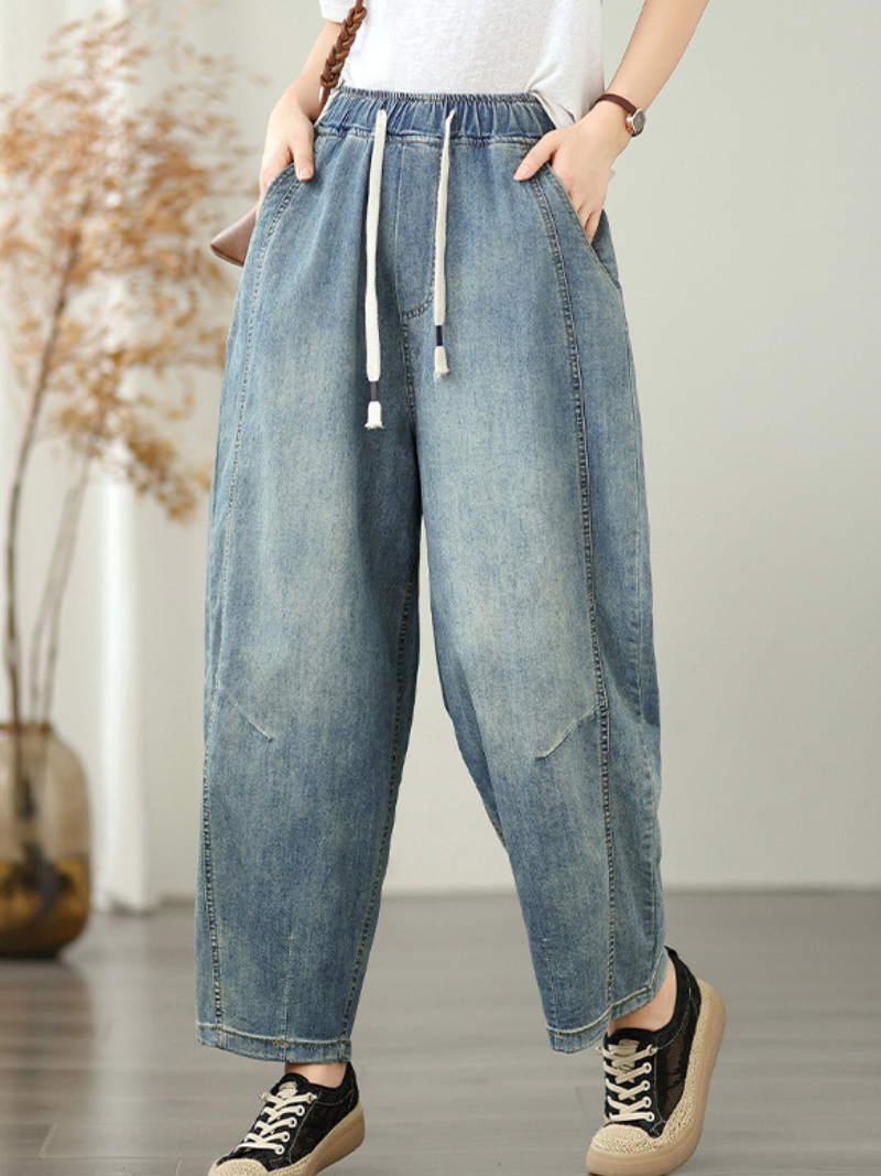 Barrel-Leg Pull-On Denim Cotton Pants for Women, Relaxed Tapered Jeans