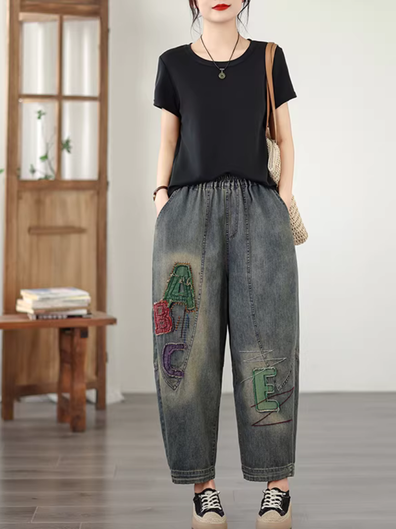 Chic Embroidered Harem Denim Pants with Elastic Waist, Women's Jeans