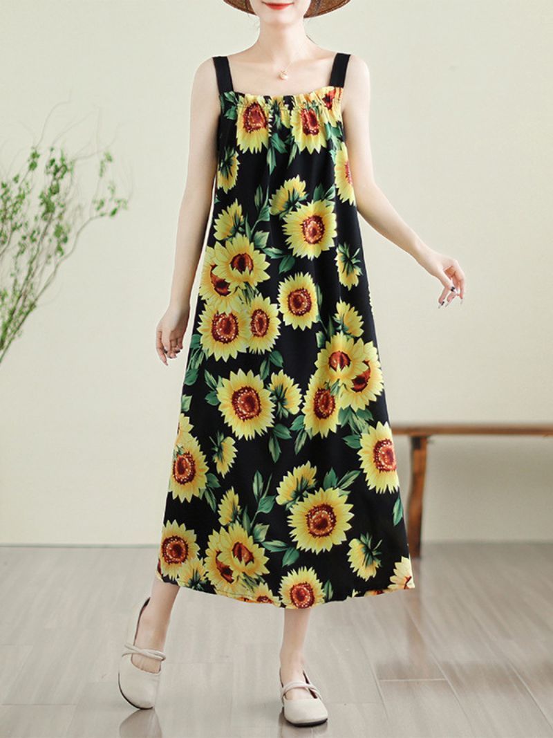 Women's Soft & Charm Loose Sleeveless Sunflower Print Salopette Dress