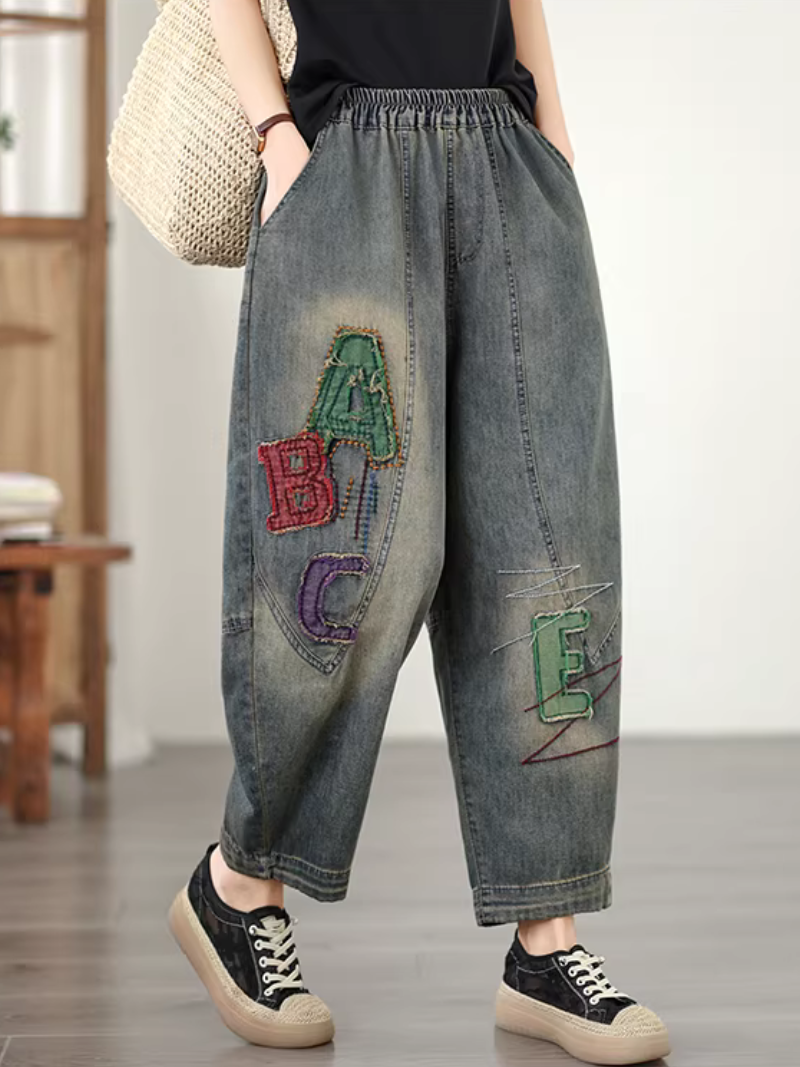 Chic Embroidered Harem Denim Pants with Elastic Waist, Women's Jeans