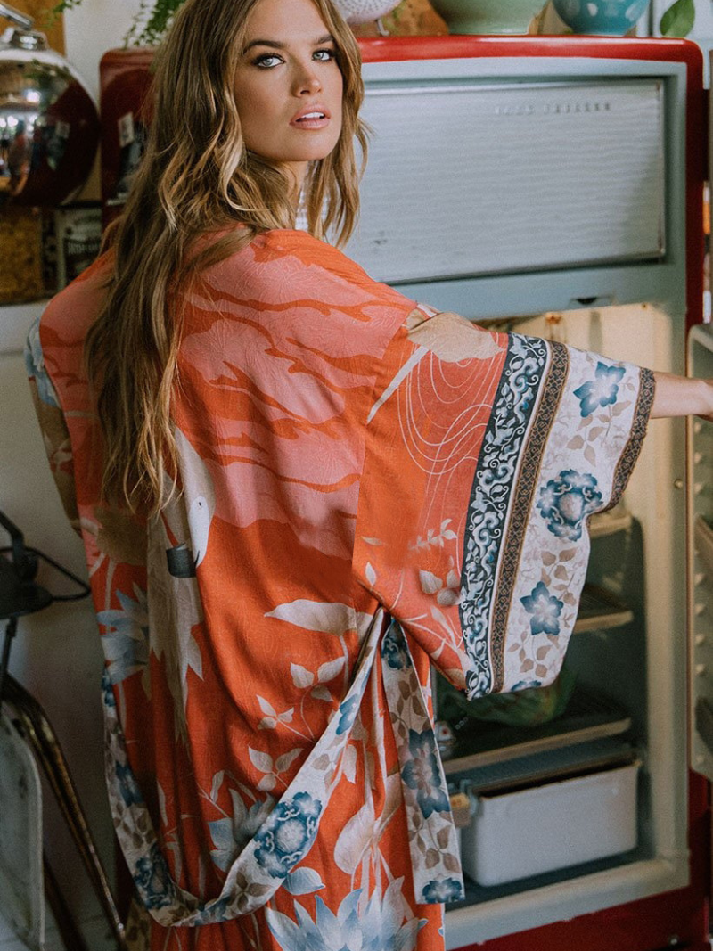 Partywear Floral Print Long Length Orange Color Cotton Gown Robe Kimono