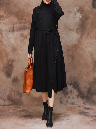 Women black A-Line Dress with Belt