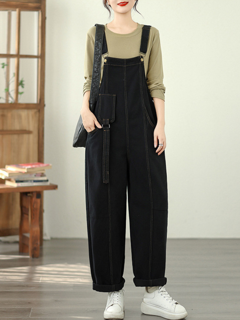 Wide-Leg Denim Cotton Overalls with Adjustable Straps for Women
