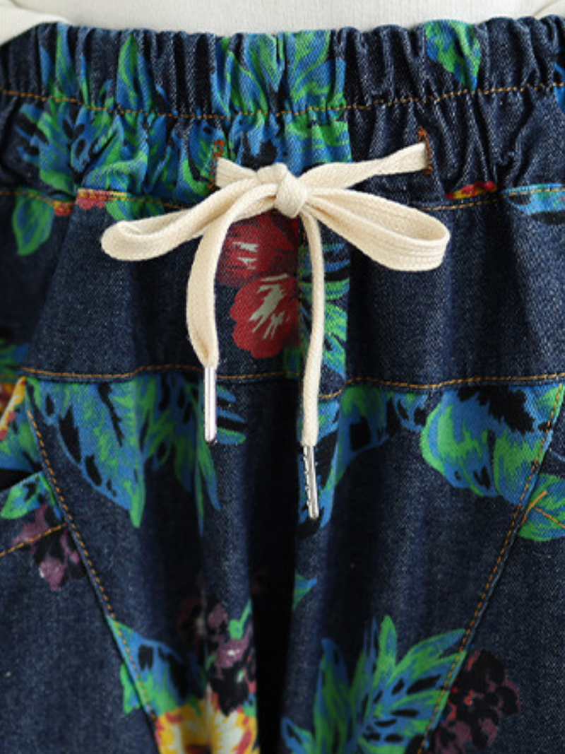 Chic Cotton Floral Harem Pants with Drawstring Waist and Oversized Pockets