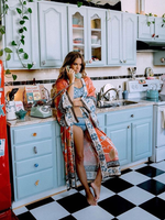 Partywear Floral Print Long Length Orange Color Cotton Gown Robe Kimono