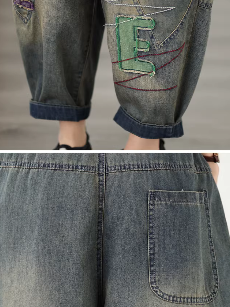 Chic Embroidered Harem Denim Pants with Elastic Waist, Women's Jeans