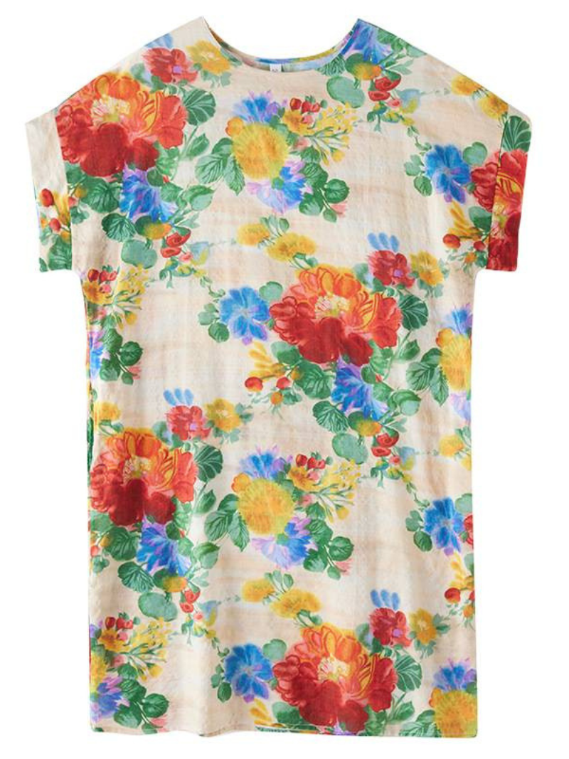 Floral Relaxed Shift Linen Dress in Airy Cotton Linen Blend
