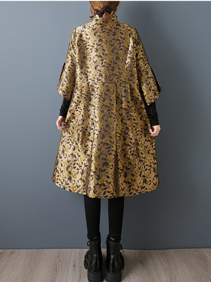 Lustrous Jacquard Satin Floral Cape Jacket with Mandarin Collar Elegance