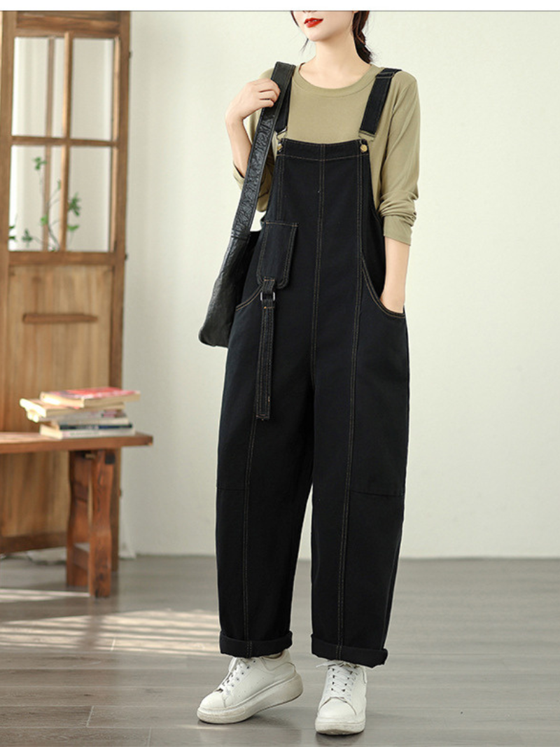 Wide-Leg Denim Cotton Overalls with Adjustable Straps for Women
