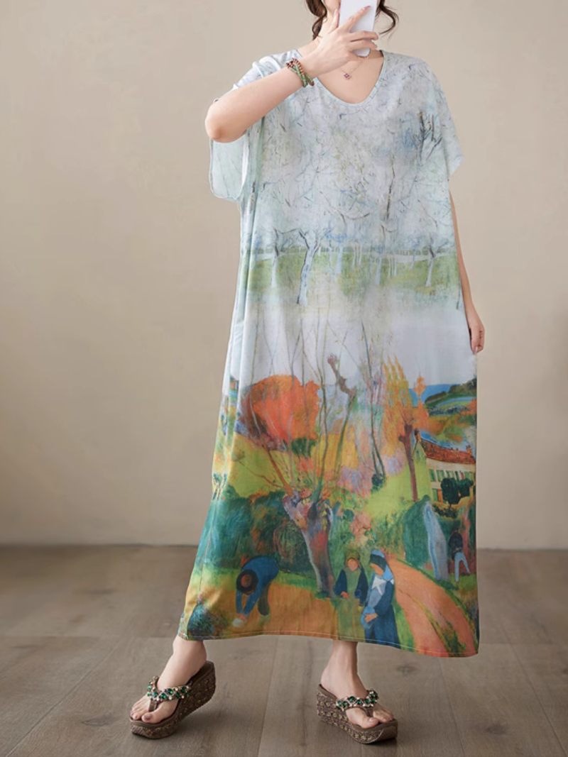 Women's Summer Beach Wear Oil Painting Printing Kaftan Dress
