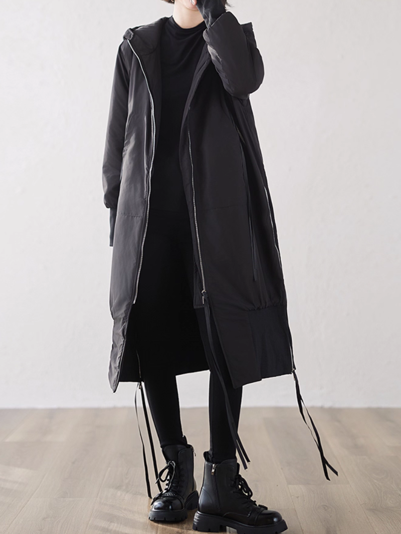 Minimal Longline Hooded Coat for Women, Sleek Zipped Parka Outerwear