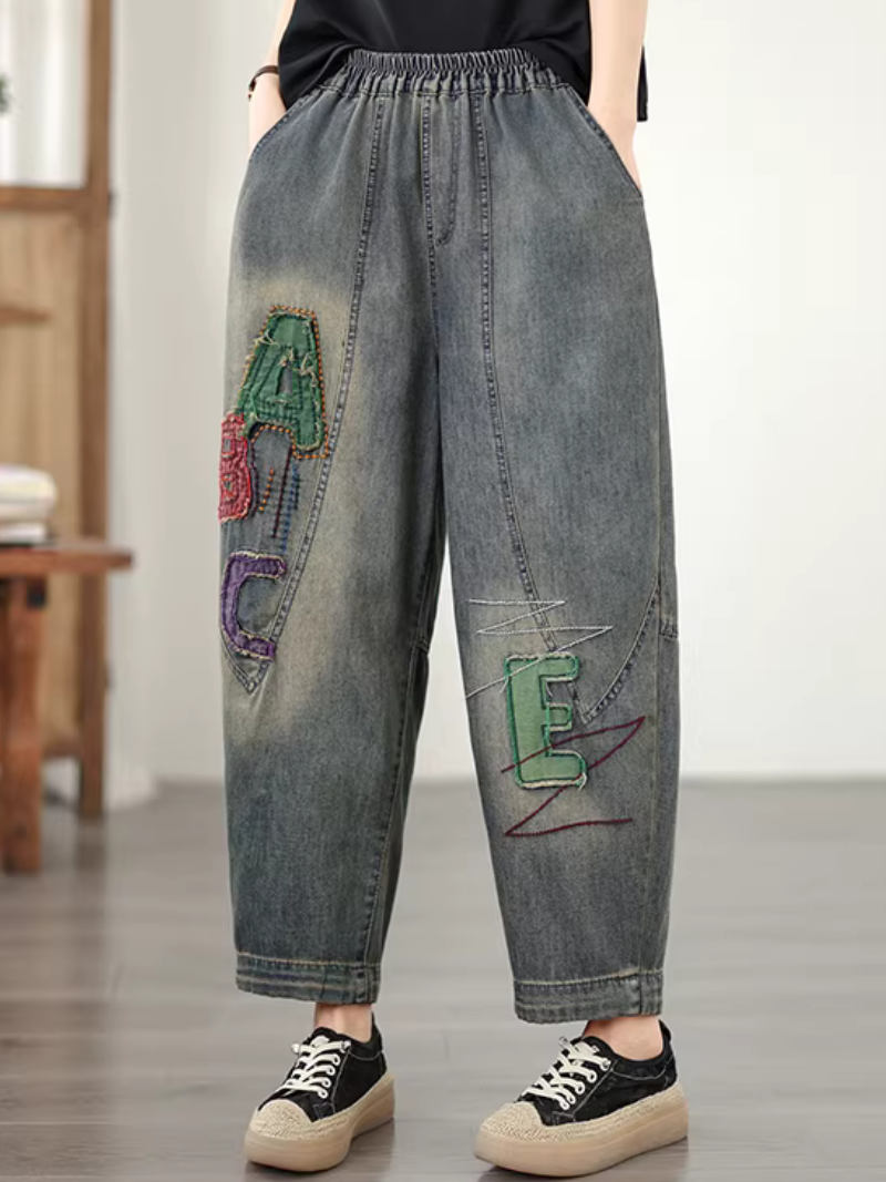 Chic Embroidered Harem Denim Pants with Elastic Waist, Women's Jeans