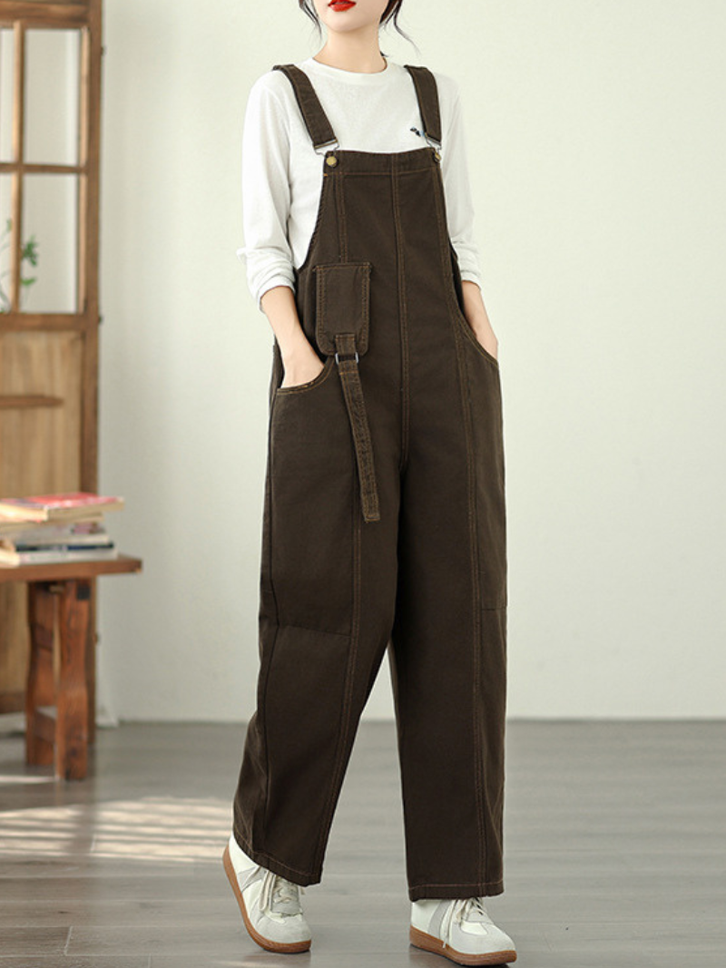 Wide-Leg Denim Cotton Overalls with Adjustable Straps for Women