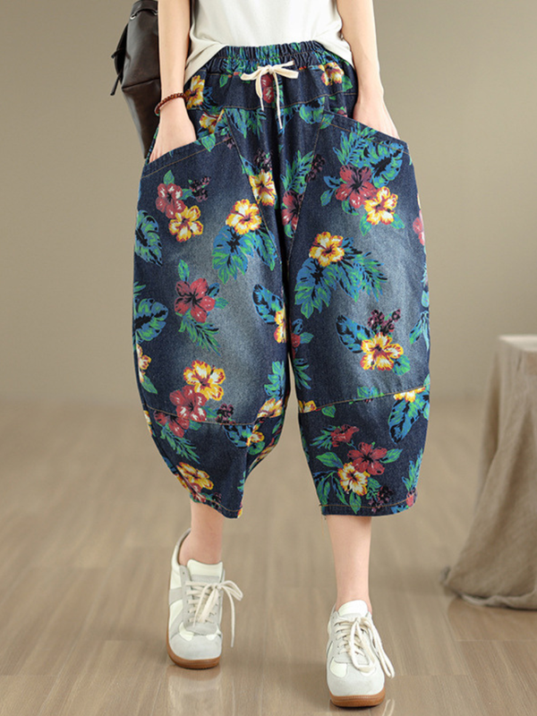 Chic Cotton Floral Harem Pants with Drawstring Waist and Oversized Pockets