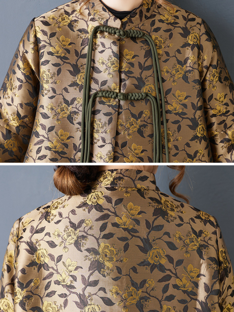 Lustrous Jacquard Satin Floral Cape Jacket with Mandarin Collar Elegance