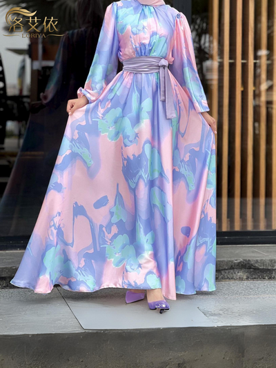 Women's Stylish Ankle-Length Dress Printed Belt A-Line Skirt Style Abaya