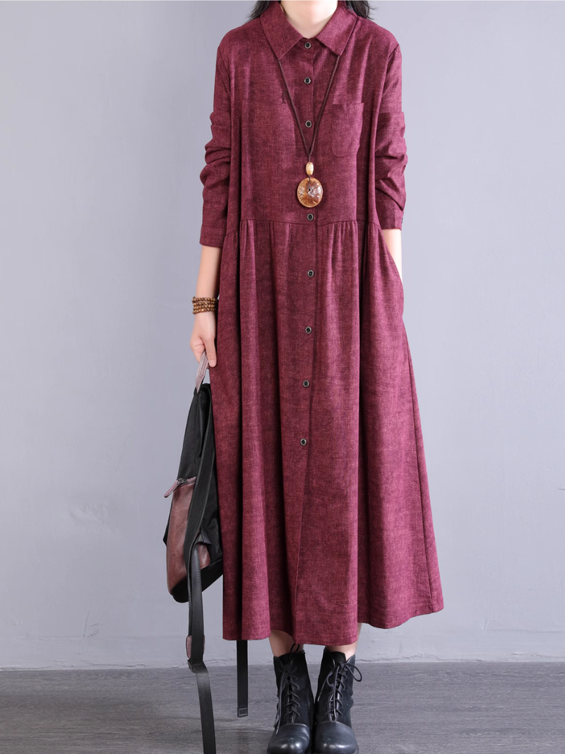 Cotton A-line Shirt Dress with Pockets, Collared Midi