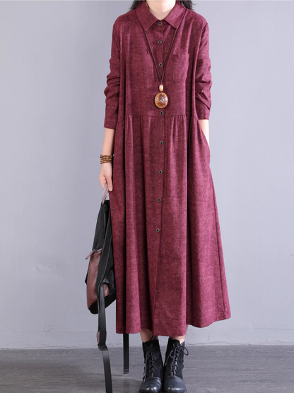 Vestido camisero de línea A de algodón con bolsillos, midi con cuello 