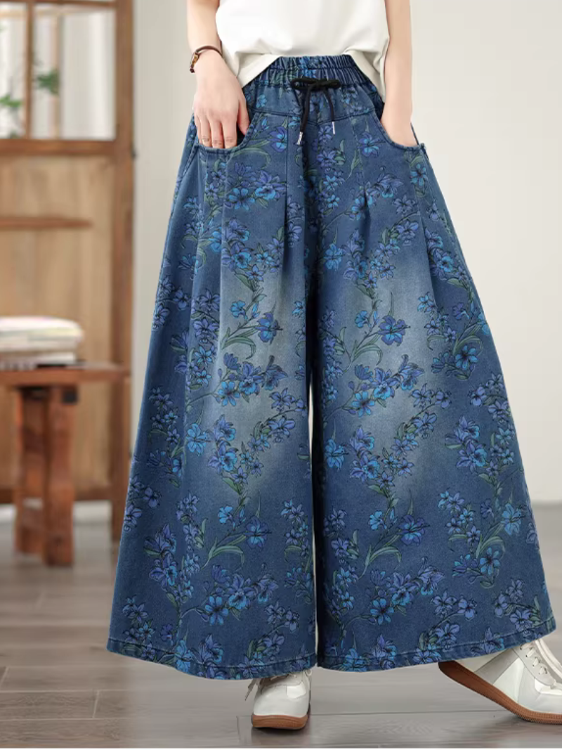 Floral Denim Cotton Wide-Leg Palazzo Pants with Drawstring Waist, Effortless Chic