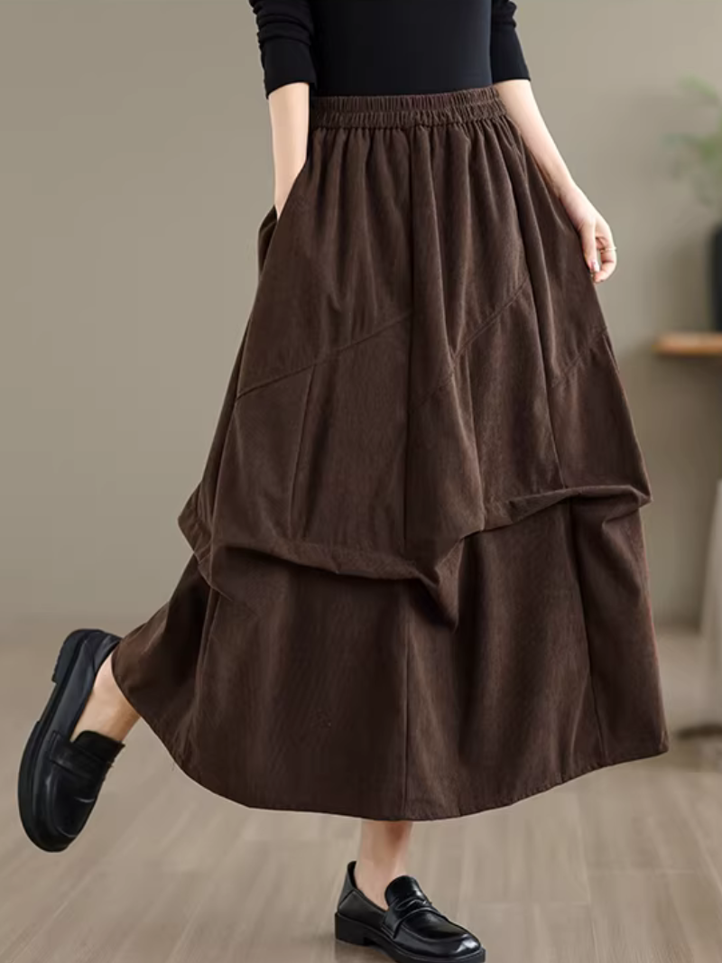 Artful Corduroy Skirt with Draped Layers and Elastic Waist Elegance