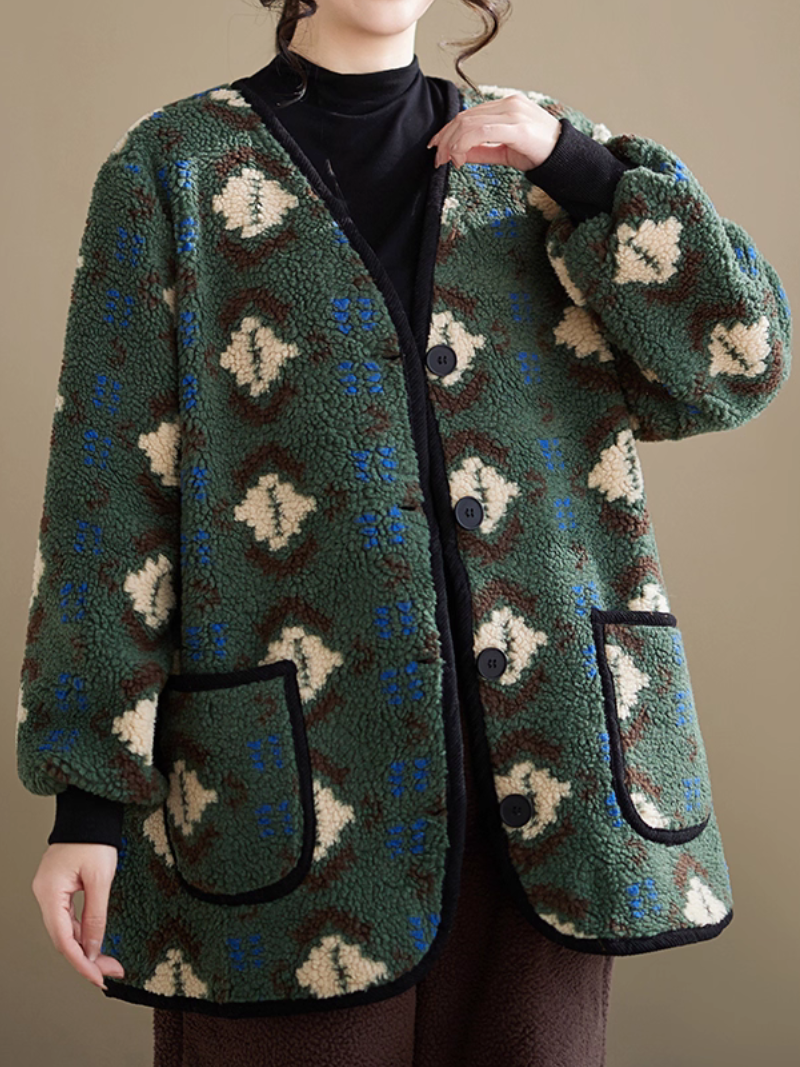 Artful Sherpa Fleece Coatigan, Oversized Buttoned Jacket with Patch Pockets