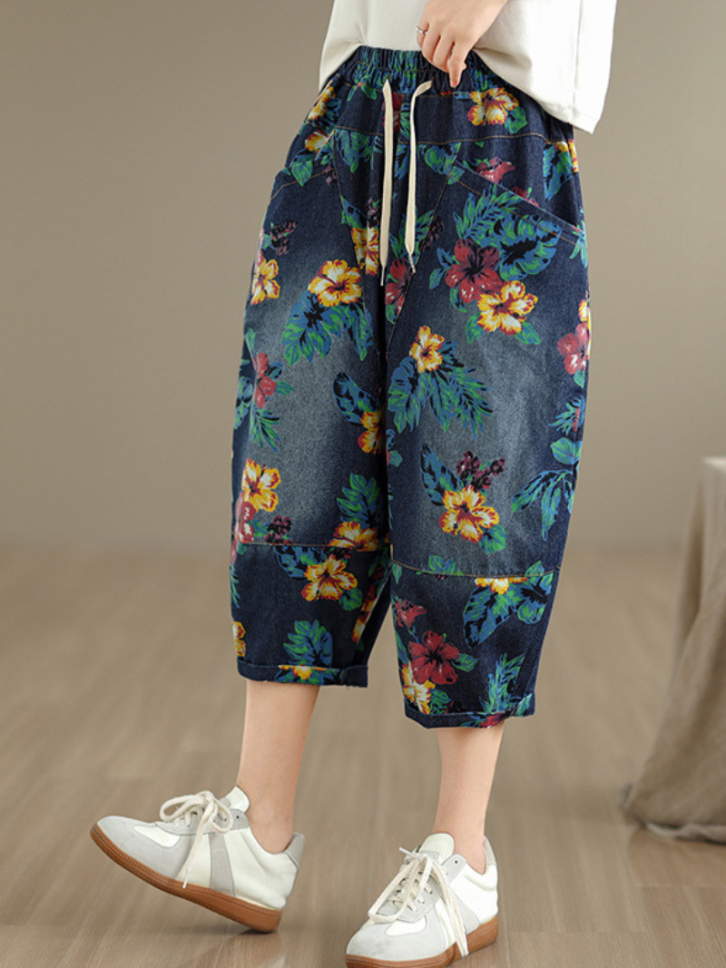 Chic Cotton Floral Harem Pants with Drawstring Waist and Oversized Pockets