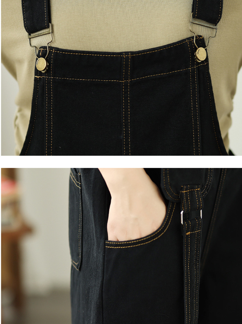 Wide-Leg Denim Cotton Overalls with Adjustable Straps for Women