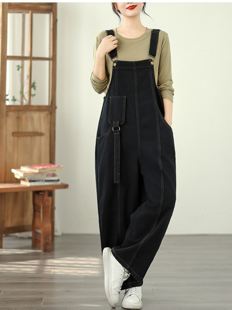 Wide-Leg Denim Cotton Overalls with Adjustable Straps for Women