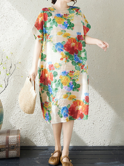 Floral Relaxed Shift Linen Dress in Airy Cotton Linen Blend  Eva Trends