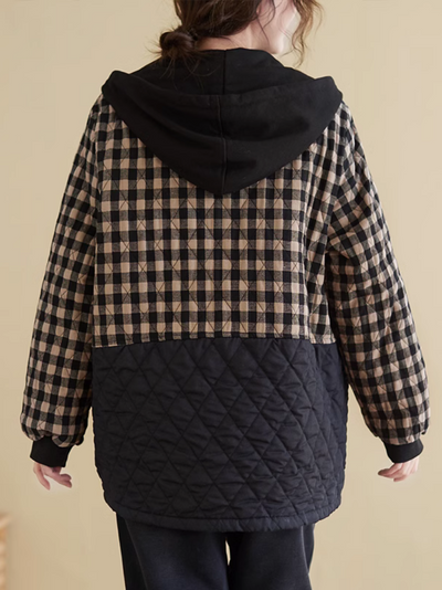 Women's Winter Hooded Button-Up Pocket Plaid Coat