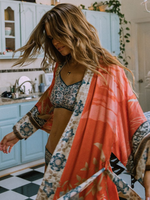 Partywear Floral Print Long Length Orange Color Cotton Gown Robe Kimono