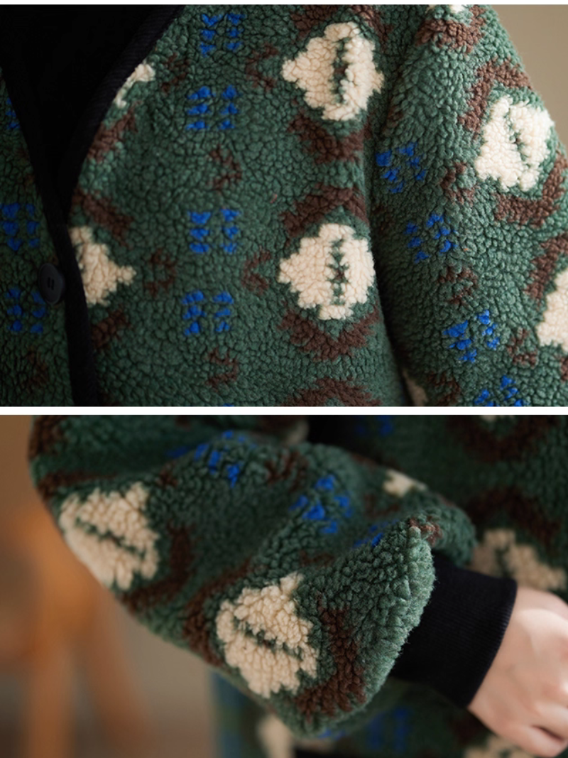 Artful Sherpa Fleece Coatigan, Oversized Buttoned Jacket with Patch Pockets