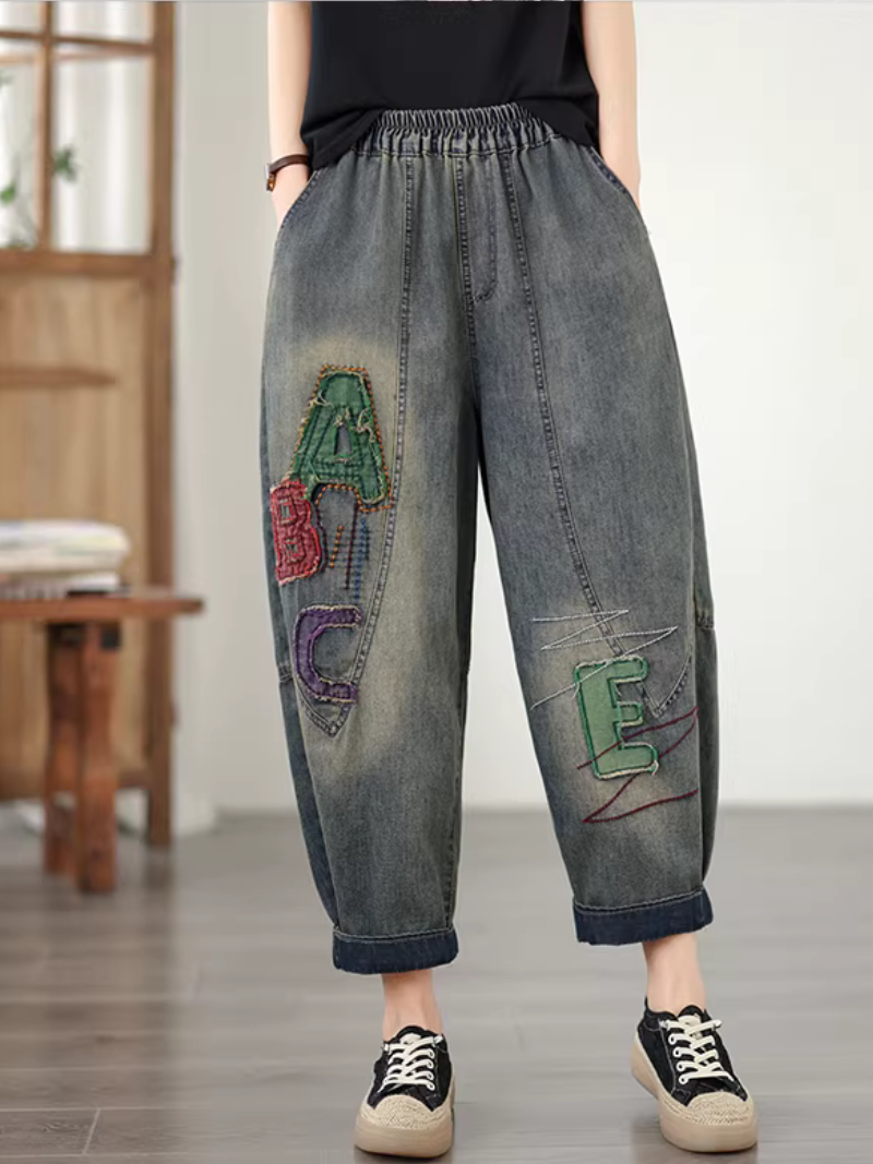 Chic Embroidered Harem Denim Pants with Elastic Waist, Women's Jeans