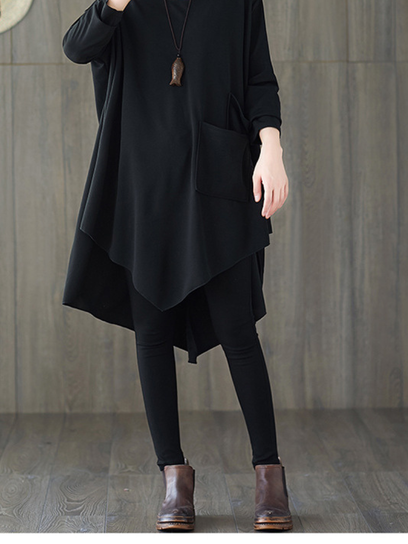 Black Oversized Tunic Top with Sculpted Pockets