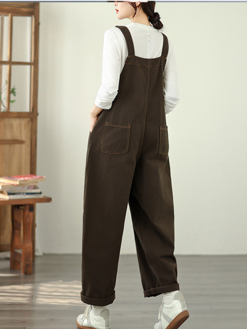 Wide-Leg Denim Cotton Overalls with Adjustable Straps for Women