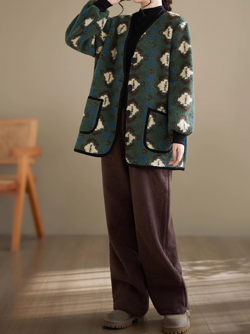 Artful Sherpa Fleece Coatigan, Oversized Buttoned Jacket with Patch Pockets