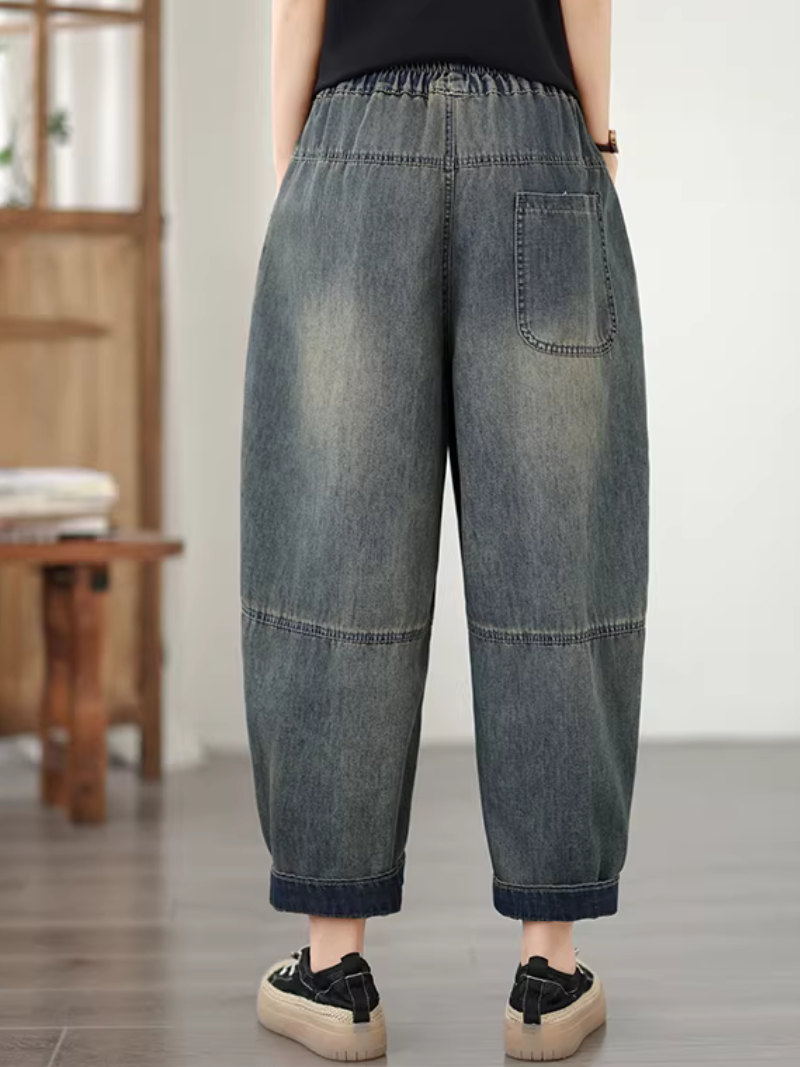 Chic Embroidered Harem Denim Pants with Elastic Waist, Women's Jeans