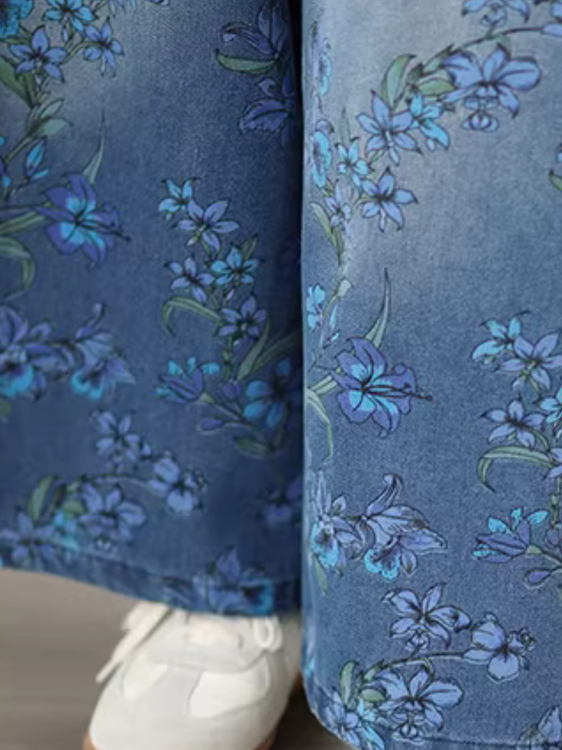Floral Denim Cotton Wide-Leg Palazzo Pants with Drawstring Waist, Effortless Chic