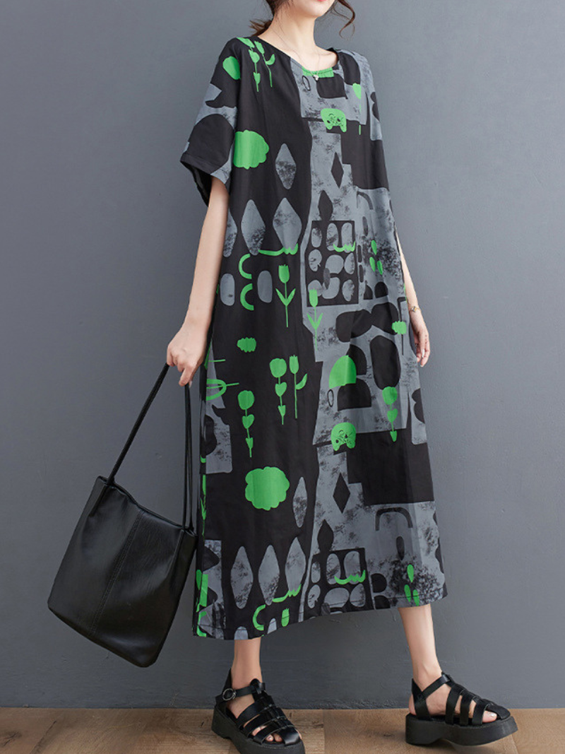 Abstract Print Rayon Midi Dress with Pockets, Chic Summer Style