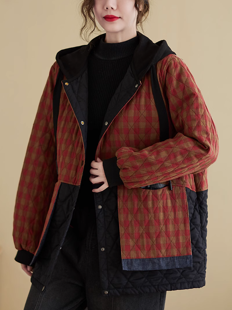 Women's Winter Hooded Button-Up Pocket Plaid Coat