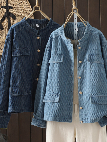 Textured Denim Cotton Women’s Denim Jacket with Gold Buttons, Relaxed Shacket