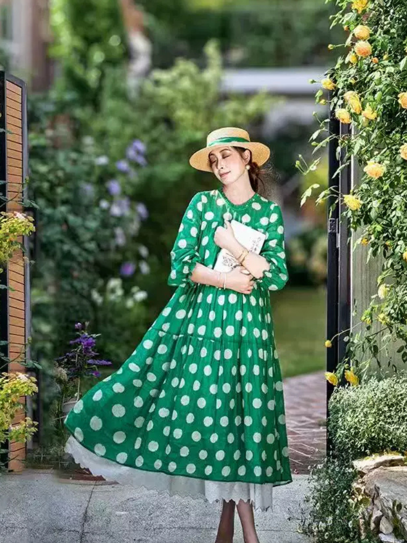 Polka Dot Tiered Midi Dress in Breathable Cotton Blend Elegance