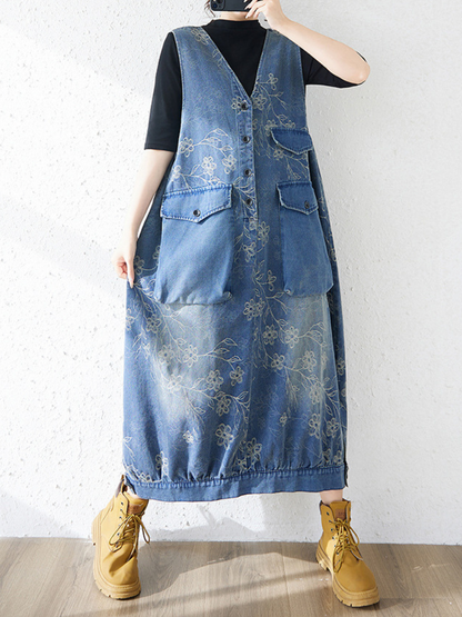 Floral Patchwork Denim Dress Pinafore Maxi with Oversized Pockets, Eff –  Eva Trends
