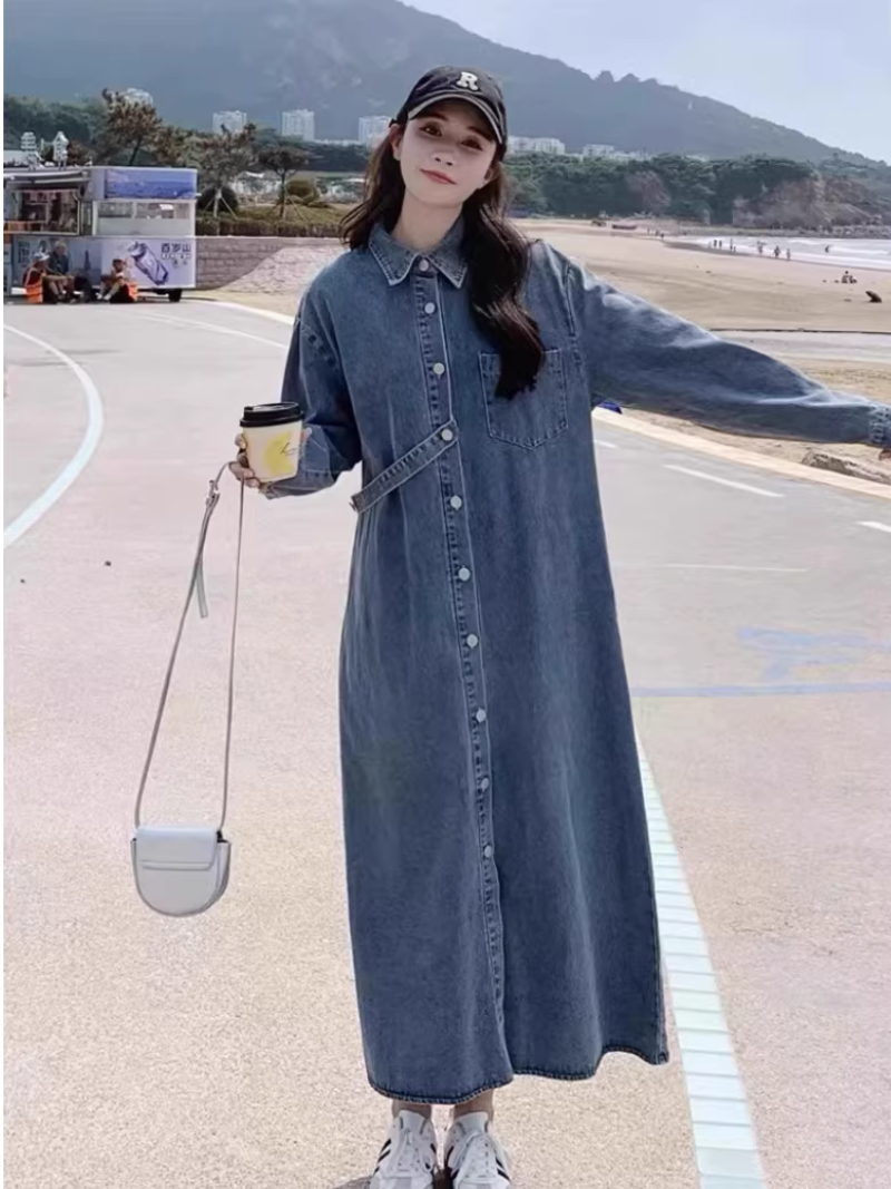 Chic Longline Denim Coat in Cotton, Minimal Maxi Duster for Weekends