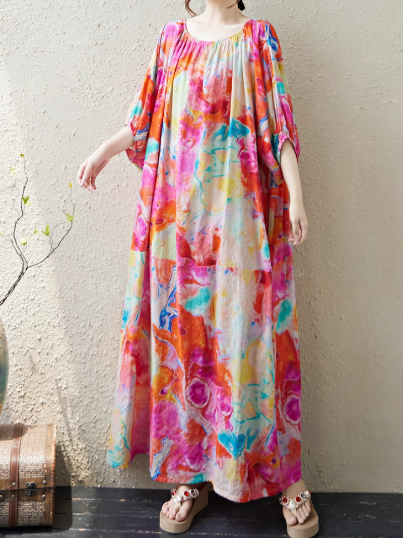 Women's Retro Elastic Summer Printed A-line Kaftan Dress