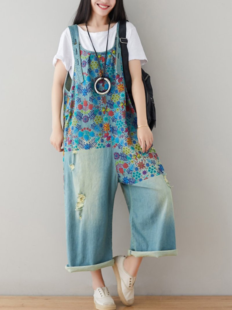 Boho Wide-Leg Denim Overalls with Vibrant Floral Print | Eva Trends