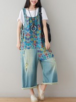 Boho Wide-Leg Denim Overalls with Vibrant Floral Print | Eva Trends