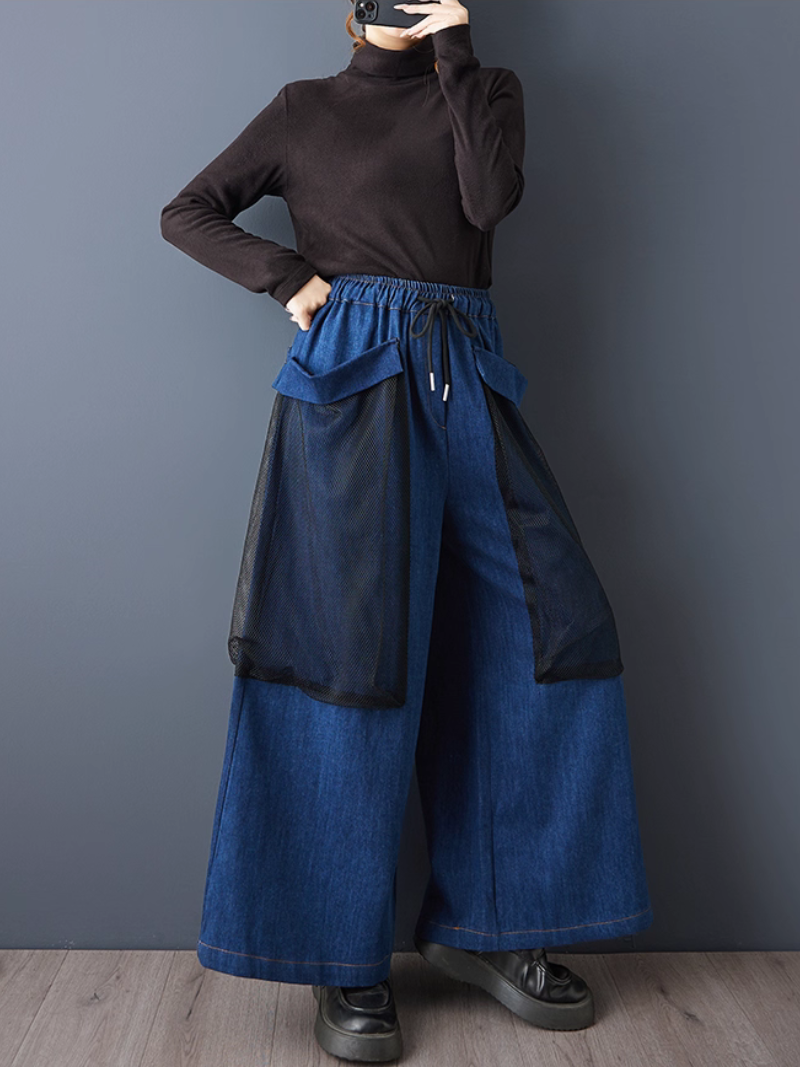 Avant-Garde Mesh Overlay Wide-Leg Denim Pants with Drawstring, High-Rise Waist
