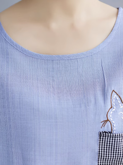 Women's Summer Embroidery & Cat Style T-Shirt Top